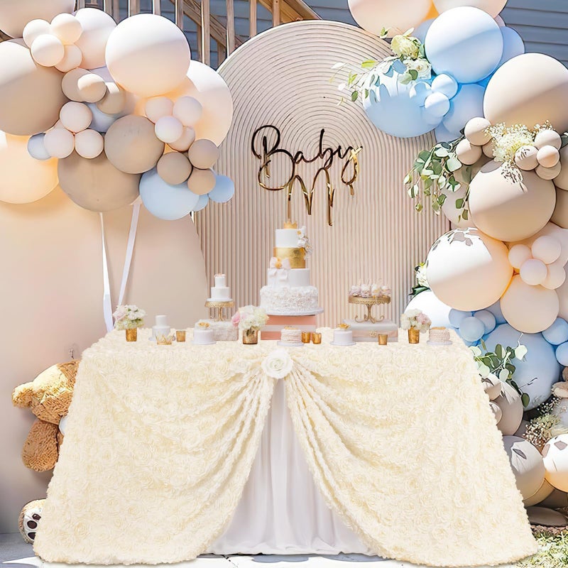 Fanqisi Rosette Tablecloth 50x102 Inches Satin Raised Rosettes Ivory Rectangle 3D Floral Tablecloth for Baby Shower Wedding Party Event Decoration - Image 1